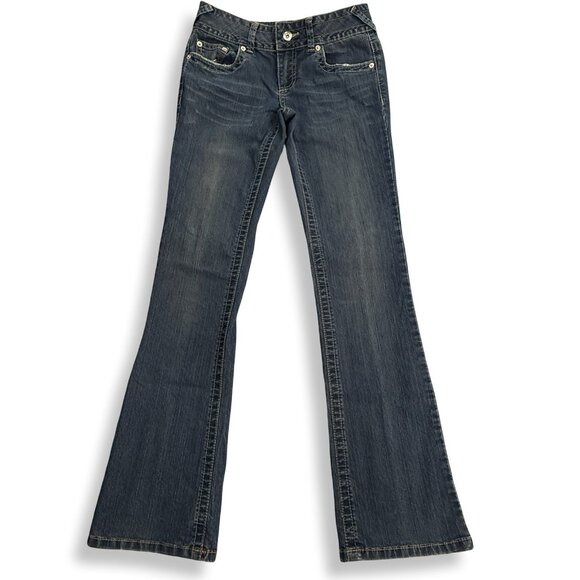 YMI Jeans Womens 3 Y2K Flare Low Rise Retro Blue Dark Wash Stretch Denim 26x30 - Picture 1 of 8